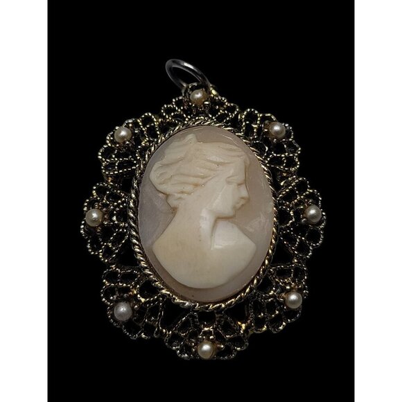 Vermeil Carved Shell Cameo Pendant Faux Pearl Accent Gold Tone Sterling Silver - Picture 10 of 14